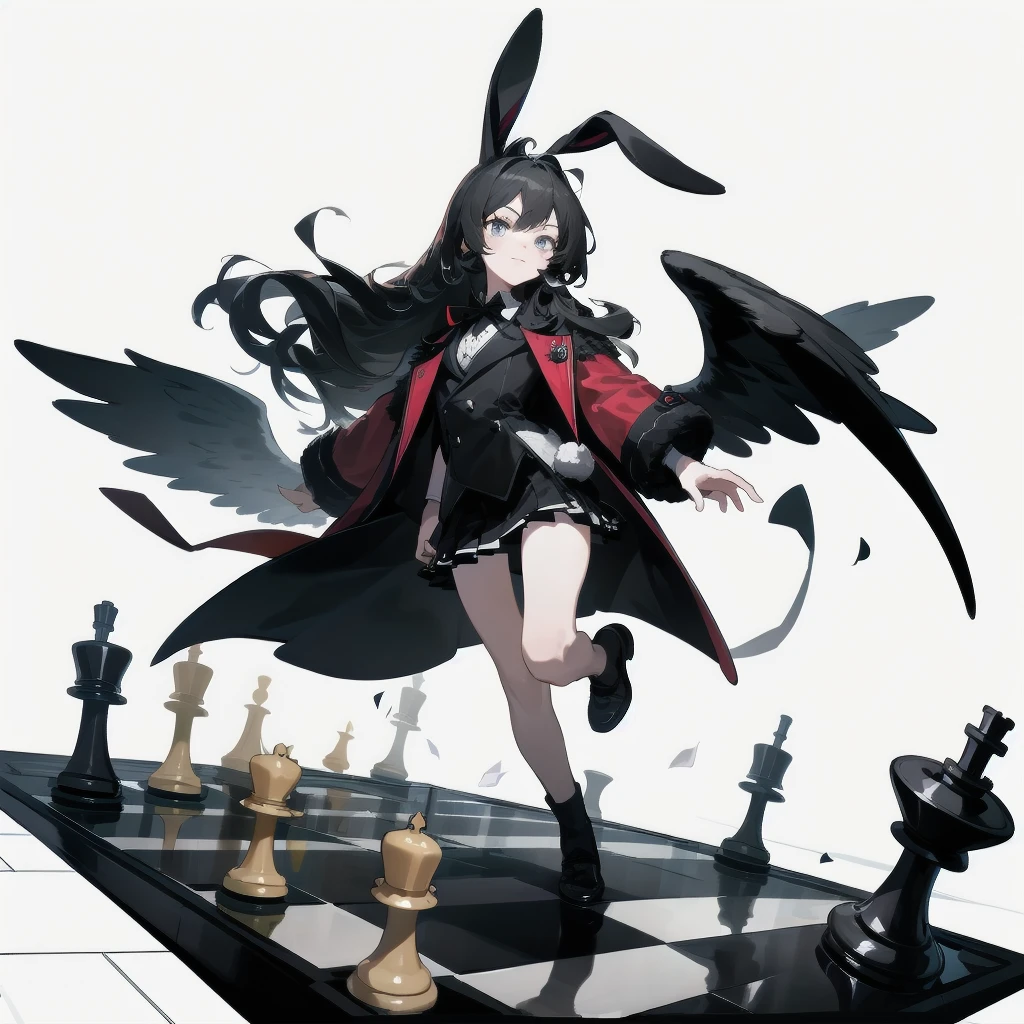 [(White background:1.15), ::2]Solitary, Medium shot, whole body，High saturation a girl，（Black long hair），Lively and bouncy，dynamic，Jumping，Squinting，[White background 1::5]，Bow，coat，Mini skirt，Black Silk，（Stand on a giant chess board），Black and white diamond tiles on the floor，indoor，Bunny ears，Black Wings，Red rose，（（（White background1::5））），（（（beautiful eyes））），（（Facial portrayal）），（（Delicate face））