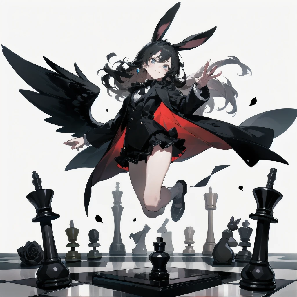 [(White background:1.15), ::2]Solitary, Medium shot, whole body，High saturation a girl，（Black long hair），Lively and bouncy，dynamic，Jumping，Squinting，[White background 1::5]，Bow，coat，Mini skirt，Black Silk，（Stand on a giant chess board），Black and white diamond tiles on the floor，indoor，Bunny ears，Black Wings，Red rose，（（（White background1::5））），（（（beautiful eyes））），（（Facial portrayal）），（（Delicate face））