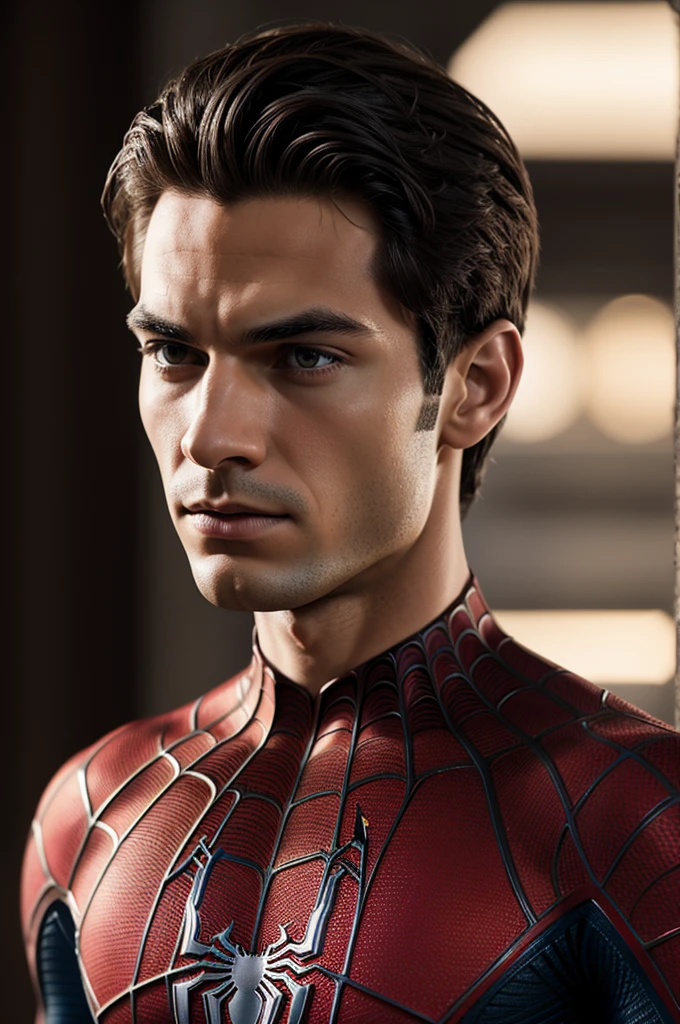 A photograph of Spider-Man., sin mascara, the 20s, elegant, detailed face, looking to the camera, portrait, 8k hd, high quality
