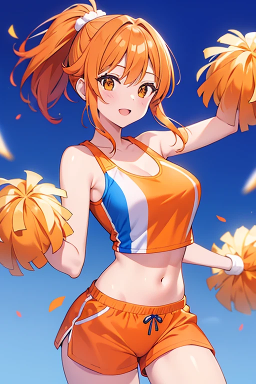 A beautiful woman with straight orange hair who is dressed in an orange cheerleading outfit consisting of an orange top with blue stripes and orange shorts with blue stripes and some orange pompoms