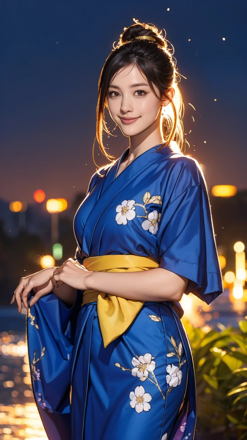 ((masterpiece)),(((Highest quality))),((Character design sheet)),Thin thighs,Long legs,((woman, alone, Long Hair)),Innocent look, Bare arms, Expose your shoulders, Gold and silver see-through dress,Golden Hair，The best smile，((masterpiece)),(((Highest quality))),((Character design sheet)),A Japanese yukata with a bright floral and flower pattern in a combination of light blue and navy blue.:1.5，Stylish sandals:1.5，The best smile:1.5，Upper Body Shot:1.5，Night fireworks background:1.5，Flashy makeup with red eyeshadow:1.5，Bun Hair:1.5，
