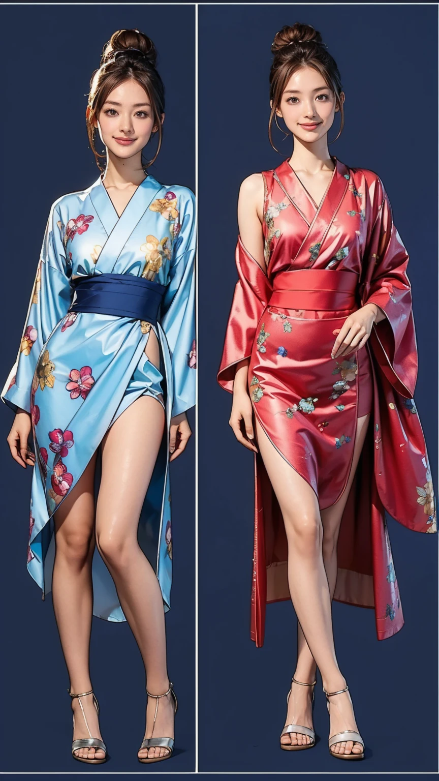 ((masterpiece)),(((Highest quality))),((Character design sheet)),Thin thighs,Long legs,((woman, alone, Long Hair)),Innocent look, Bare arms, Expose your shoulders, Gold and silver see-through dress,Golden Hair,The best smile,((masterpiece)),(((Highest quality))),((Character design sheet)),A Japanese yukata with a bright floral and flower pattern in a combination of light blue and navy blue.:1.5,Stylish sandals:1.5,The best smile:1.5,Upper Body Shot:1.5,Night fireworks background:1.5,Flashy makeup with red eyeshadow:1.5,Bun Hair:1.5,