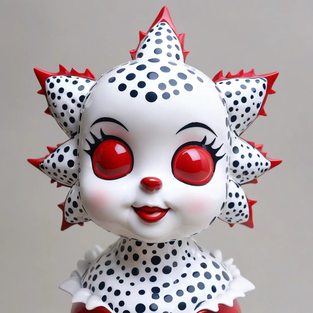 a very pretty face, red eyes, wear intricate sculpture body with swirly pattern, collar-spike, background, red and white polka dot, drippy swirly sculpture,