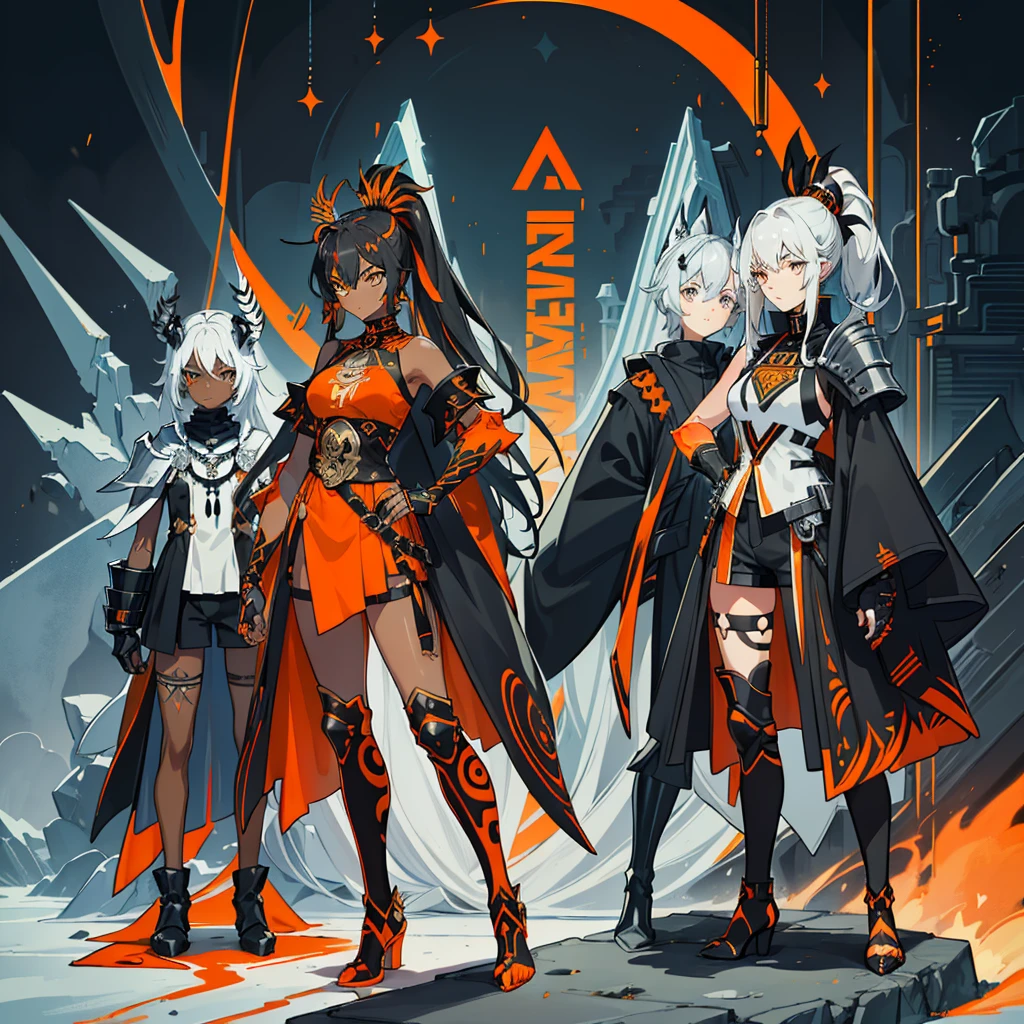 (((conceptual artwork))), (((one caracter))), female, (((darkskin)))), Black hair with ponytail, clear blue eyes, Round glasses with slightly dark lenses, this lens being orange, and the Light Blue frame, ((Black metallic gauntlets and greaves with orange and silver highlights)), (((The clothes have a mix of modern and tribal))), (((The clothes have a mix of modern and tribal))), mainly black in color, but having Orange Parts, Shoulders exposed, On the Hip, a Short that extends to Half the Thigh in black.(((one caracter))), female, (((darkskin)))), Black hair with ponytail, clear blue eyes, Óculos redondos com uma pequena lente escura this lens being orange, and the Light Blue frame, (((Black metallic gauntlets and greaves with orange and silver highlights)), (((The clothes have a mix of modern and tribal)))), Having mainly black color, but having orange pieces, Shoulders on display, On the Hip one Shorts extending to Half Thigh in black.
