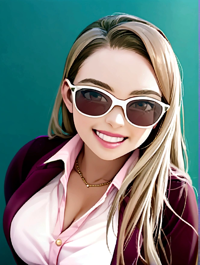 Get rid of dark glasses and transform into a full body with burgundy pants, wine blazer and pink shirt, female body