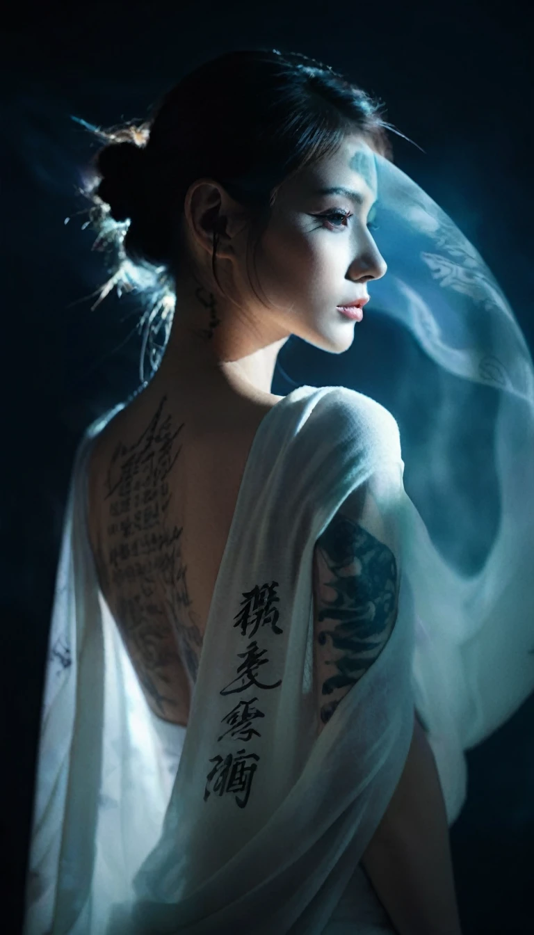 Double Exposure Style,Volumetric Lighting,a girl (Supermodel) with Wrap top,arching her back, beautiful tattoo, Traditional Attire,Artistic Calligraphy and Ink,light depth,dramatic atmospheric lighting,Volumetric Lighting,double image ghost effect,image combination,double exposure style,