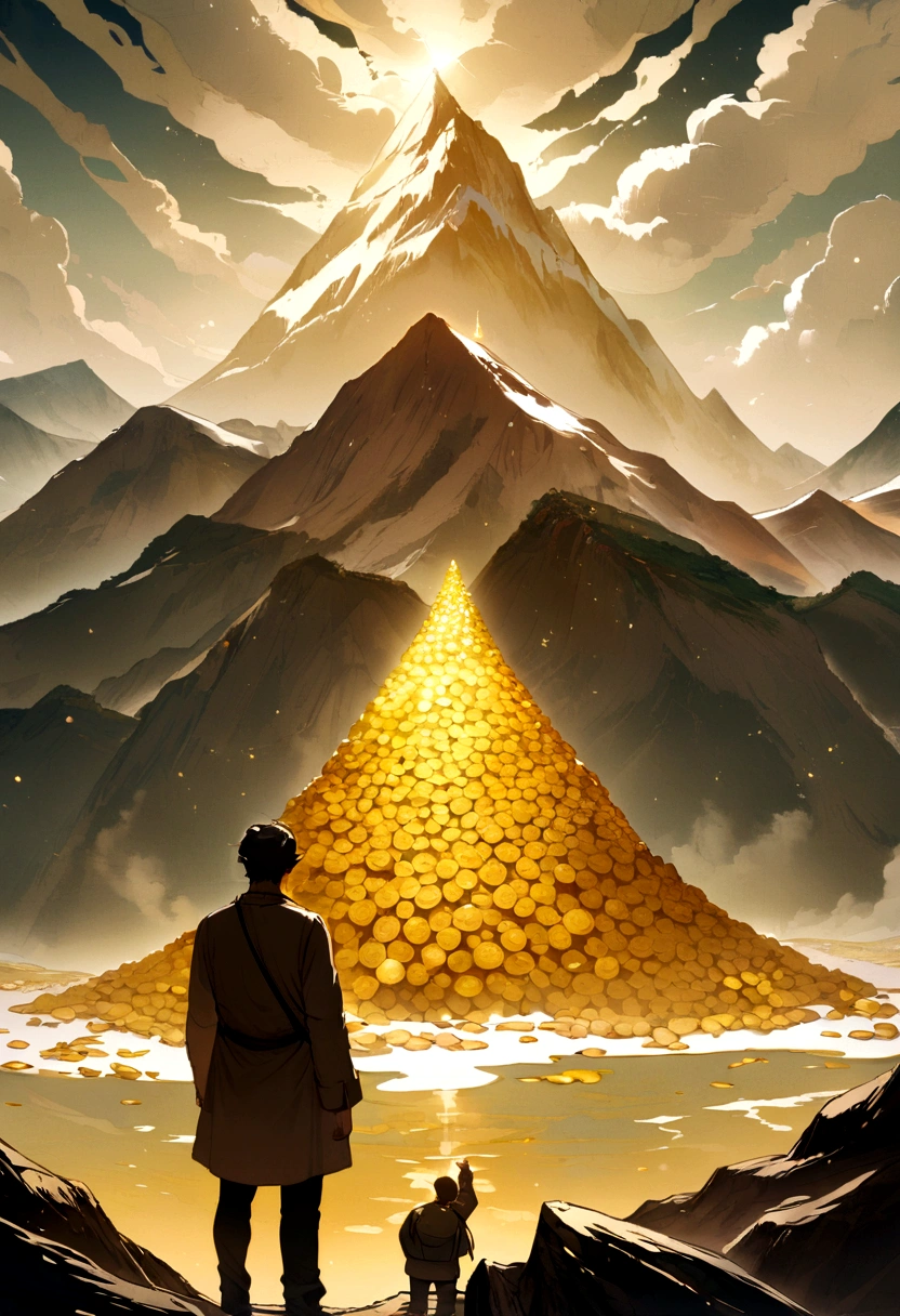 MAN ADMIRING A MOUNTAIN OF GOLD 