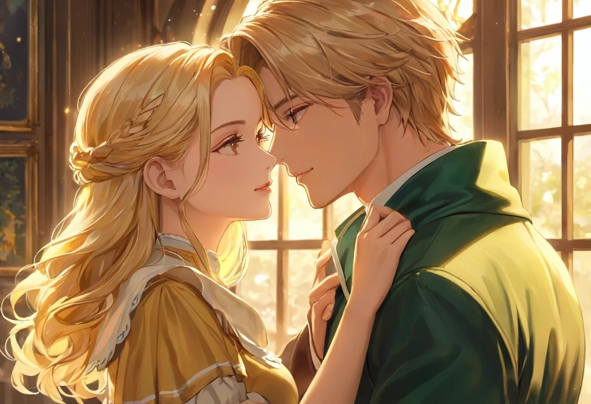 Casal blond, homem Sonserina blond, Hufflepuff Hufflepuff and blonde, Slytherin men fall in love in the enchanted world of Hogwarts, blond, Mulher Lufa Lufa loira e Homem Sonserina blond se envolvem em uma história de amor mágica. The scene unfolds with breathtaking beauty and attention to detail, com beijo apaixonado do casal de blonds, Obra de arte blond. As we delve deeper into this scene, the expertly crafted visuals capture the essence of their love. Os Cutes olhos detalhados da mulher de Lufa Lufa loira brilham com uma sensação de admiração, drawing you into their enchanting connection. O olhar intenso do homem blond de Sonserina blond reflete sua admiração afetuosa por ela, the depth of your emotions radiating from your soulful eyes. Your lips meet in a tender embrace, Portrayed with delicate precision and captivating realism. Os intrincados detalhes de seus lábios formam uma união perfeita de blonds, your love immortalized by masterful brushstrokes. Homem blond da casa de Sonserina blond e Mulher loira da casa de Lufa Lufa loira, couple in love, Cutes, apaixonados blonds