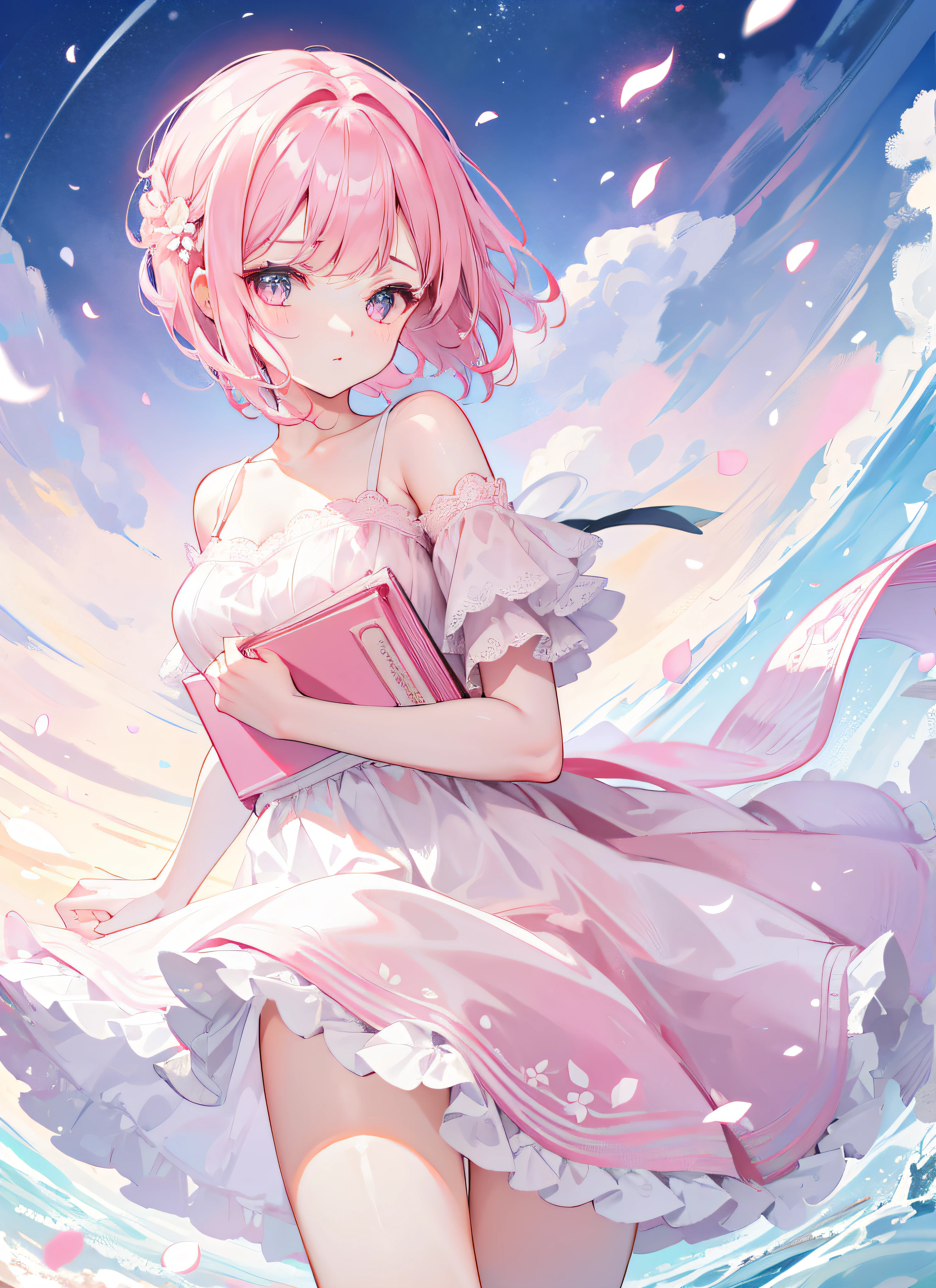 Pink and white off-the-shoulder short hair,Scalloped White Floral Dress,A great and dignified teacher, beautiful girl