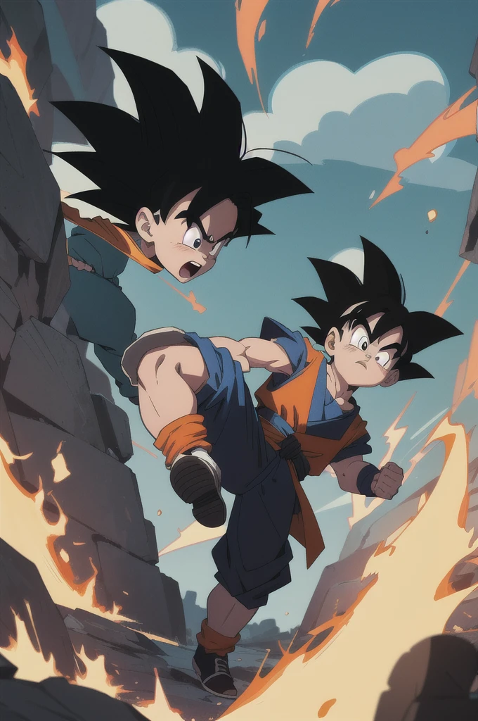 Manga style, illustration, line art style, high quality, manga masterpiece, highres, very detailed, digital illustration, small Kid Goku and Piccolo, Dragonball, black hair, spiked hair, real goku clothes orange color, black belt and black shoes, fire ball, dougi, outdoors,fighting,