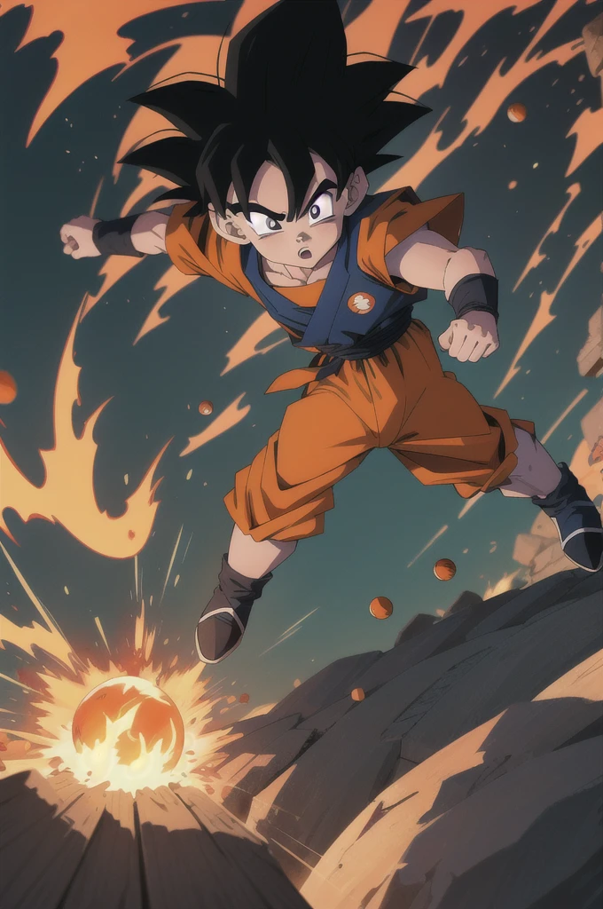 Manga style, illustration, line art style, high quality, manga masterpiece, highres, very detailed, digital illustration, small Kid Goku and Piccolo, Dragonball, black hair, spiked hair, real goku clothes orange color, black belt and black shoes, fire ball, dougi, outdoors,fighting,