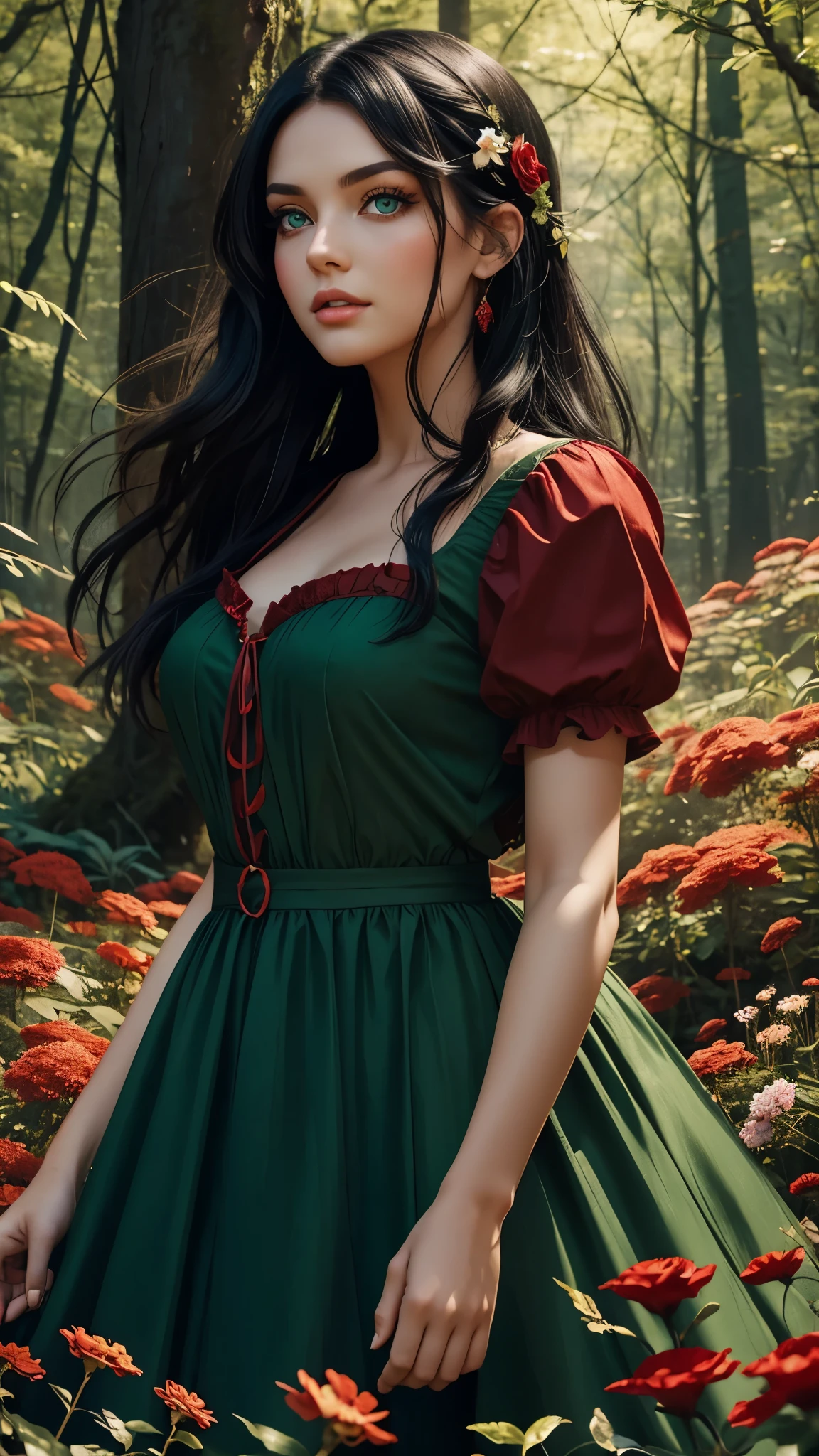 Beautiful girl with green eyes and black hair wearing red dress in a beautiful forest full of flowers