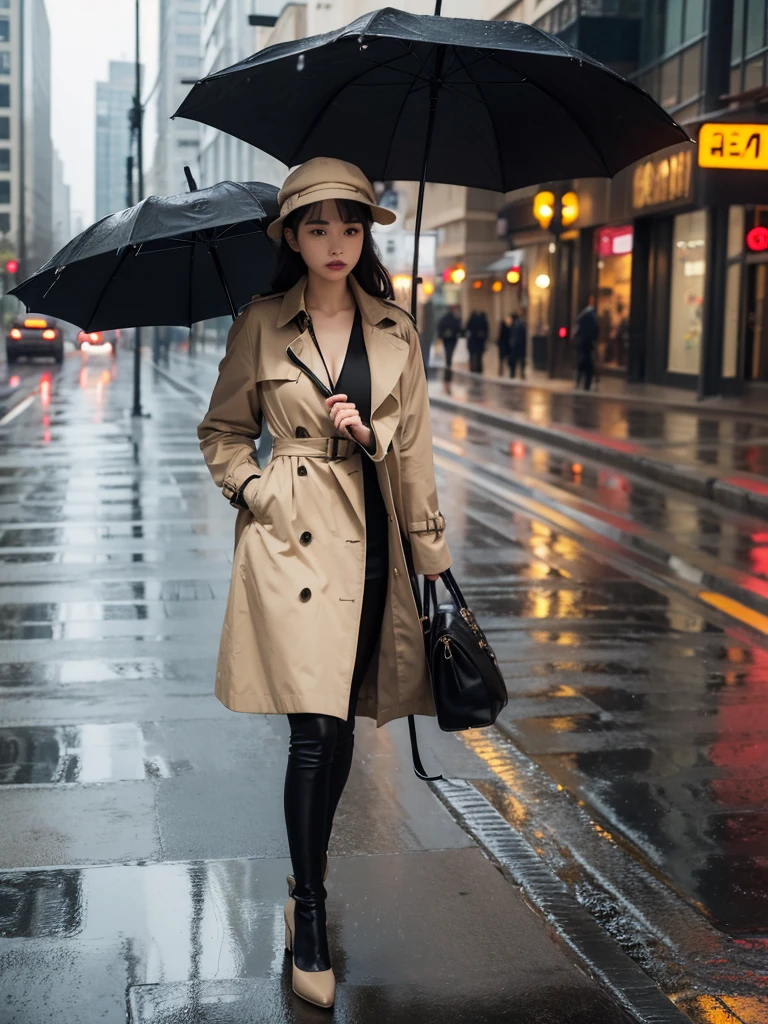 Girl in a black one-piece suit with a trench coat and beige hat, black heels, walking with an umbrella on rainy day, on an avenue sidewalk with railings towards the traffic channels