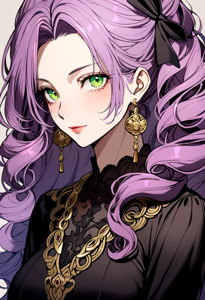 40 year old woman with purple pink hair, long curly hair, green eyes, gold earrings, black dress, black ribbon around neck.