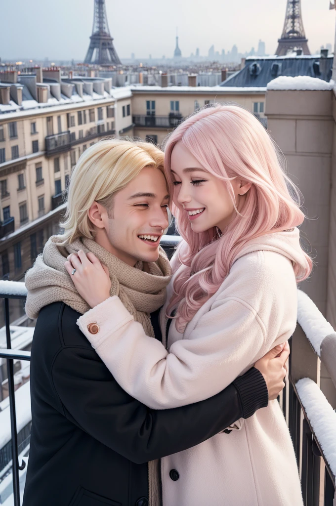 A couple in love, with winter clothes, Looking at each other smiling, he with blonde hair, she with light pink hair, smiling people on the balcony of a building with the eiffel tower in the background, snow falling.