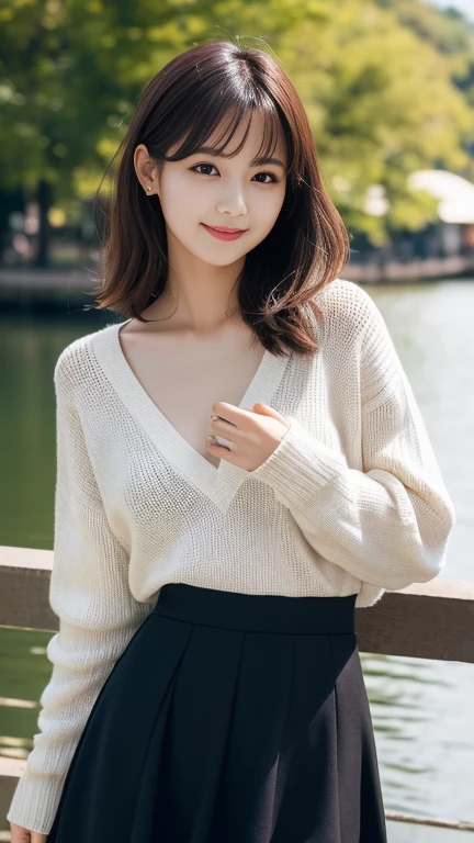 Highest quality、8k wallpaper、Reality:1.4、Photographed by a professional photographer、Cinema Lighting、View your viewers、background:Beautiful lake、1 beautiful girl、Japanese Idol、30 years old、Beautifully detailed eyes、Detailed face、Beautiful Skin、Slender、Slim waist、Thin legs、Bun Hair:1.8、Random hair color、Light Hair、The light hits her hair and it shines golden、Asymmetrical bangs、Knitted sweater、White long skirt、I can see your chest 、smile:1.4、Seductive pose