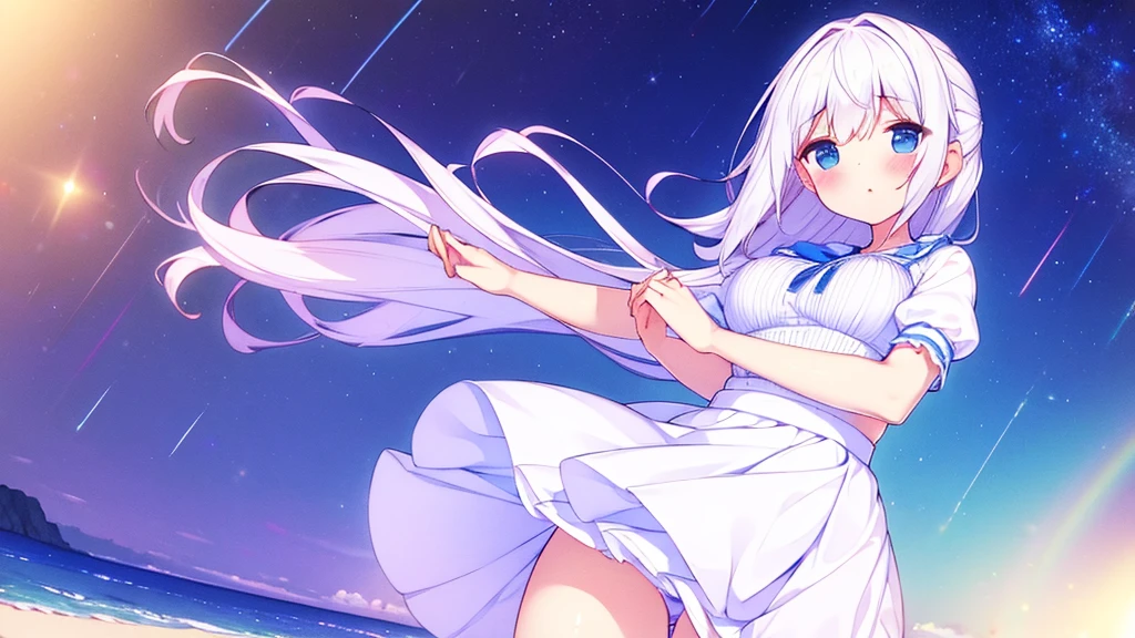 A nice white shirt that lets you see. 、Light blue flared skirt with ruffles、She lifts her skirt with both hands to show off her pretty white underwear.、Cute white underwear visible when you lift your skirt.、sandy beach, beautiful sea, night and starry sky small breasts