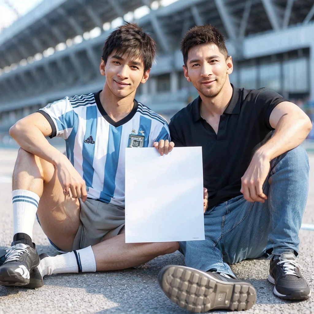 3d hyper realistic of an asian man ,25 years old, short and spiky hair, wearing an Argentina jersey ,short cargo pants and sports shoes holding plain white poster paper beside him there is a man whose face looks like Messi, 30 years old with short under cut hair. ,wearing a black polo shirt, blue jeans, smiling ,the two of them were sitting outside a stadium on a sunny and warm afternoon, Ultra realist, UHD, 4k, cinematic