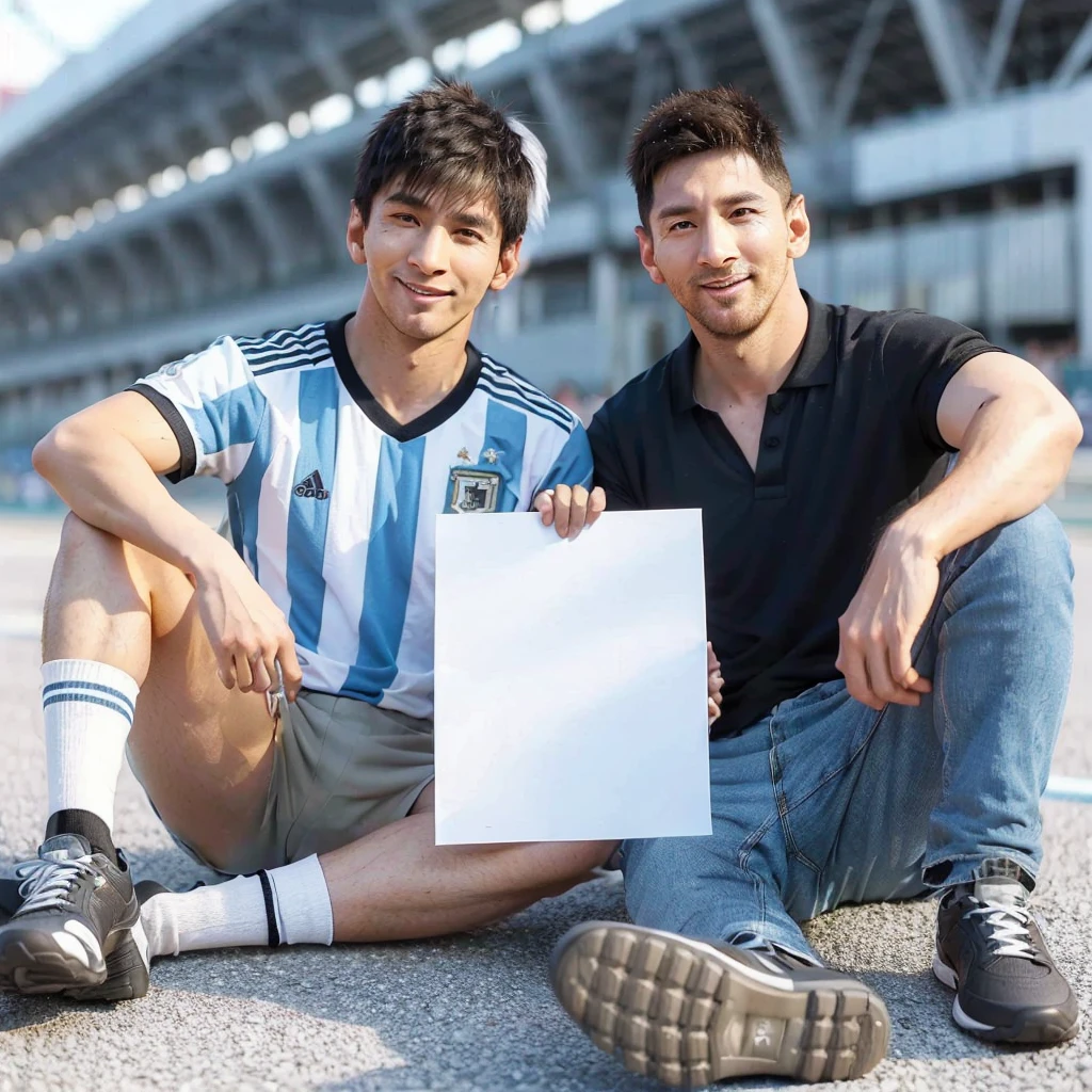 3d hyper realistic of an asian man ,25 years old, short and spiky hair, wearing an Argentina jersey ,short cargo pants and sports shoes holding plain white poster paper beside him there is a man whose face looks like Messi, 30 years old with short under cut hair. ,wearing a black polo shirt, blue jeans, smiling ,the two of them were sitting outside a stadium on a sunny and warm afternoon, Ultra realist, UHD, 4k, cinematic