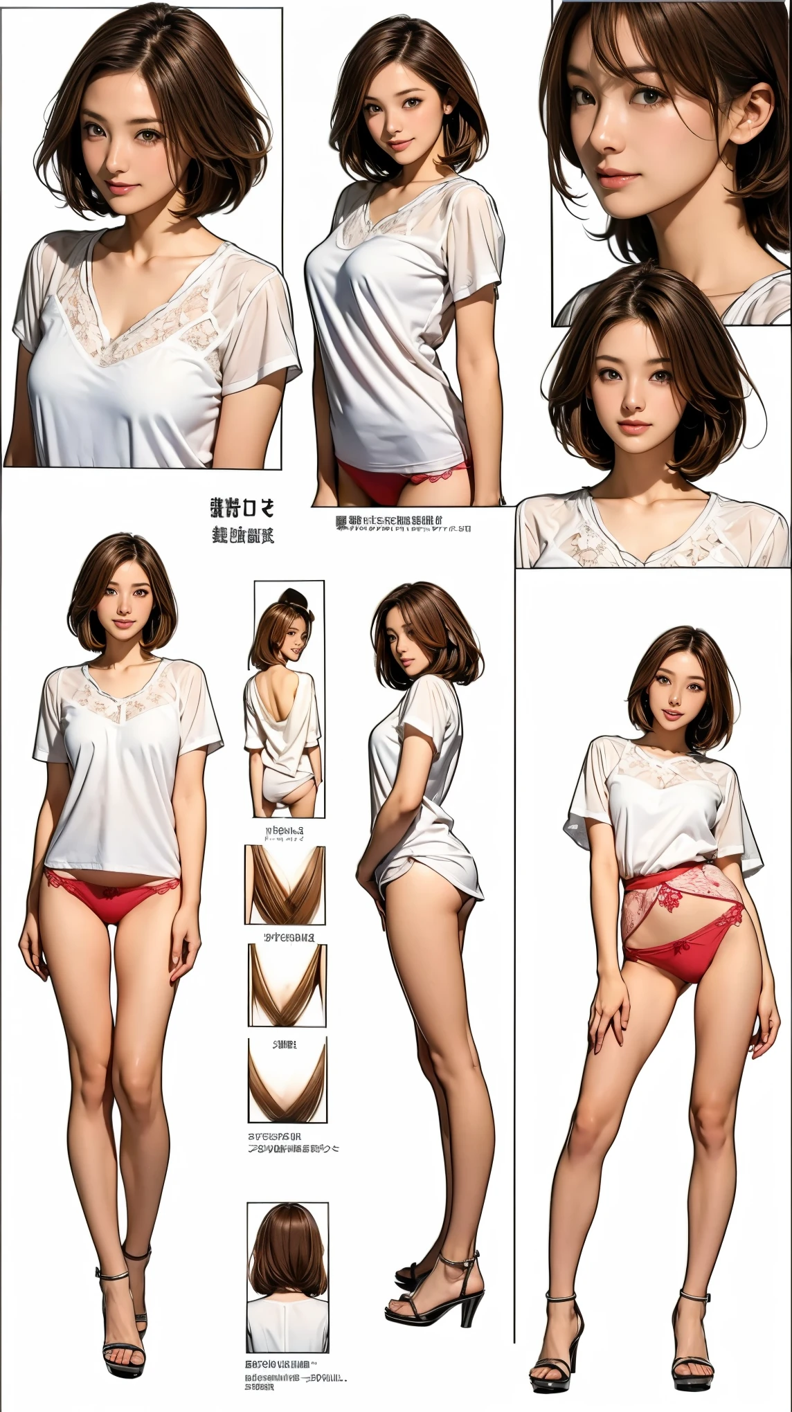 ((masterpiece)),(((Highest quality))),((Character design sheet)),Thin thighs,Long legs,20 year old Japanese woman,Brown thin hair, Sidewave shorthair,Medium bust size,A very kind smile, Sexy red lace panties are visible:1.5,Wearing a white shirt,I'Iはスカートを履いていません:1.5,Plant and flower background:1.5,