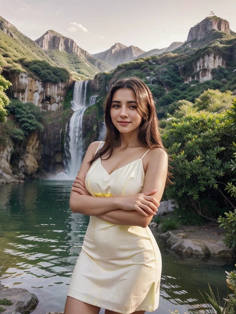 Arab dress, yellow dress, short dress (white), crocodile near the mountain, water near the grass, waterfall nearby, light green, bright flowers, red sky, wearing suit (white), lips (pink) Escasamente vestido, beautiful face Hermosa Shining Sky Oval Curve sonrisa seductora Retrato Gabriella Lin Rojo Red Orange Dress