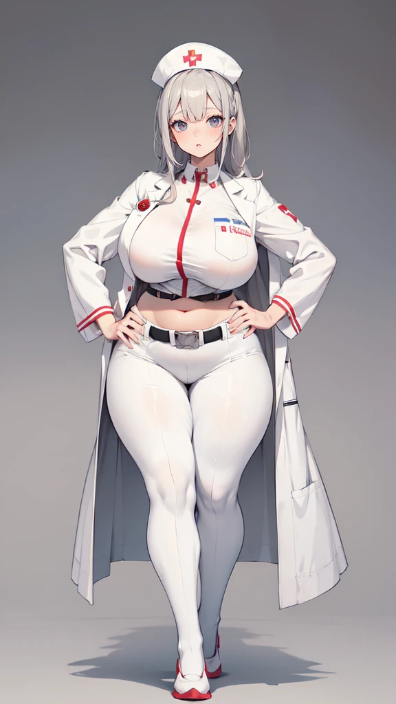 ((blank background)), masterpiece, best quality, silver hair, (big :1), ((full body framing)), symmetry, nurse woman, nurse uniform, nurse cap, long pants, ((curvy)), wide hips thick thighs, only white, all white, belt below navel, ((lab coat))