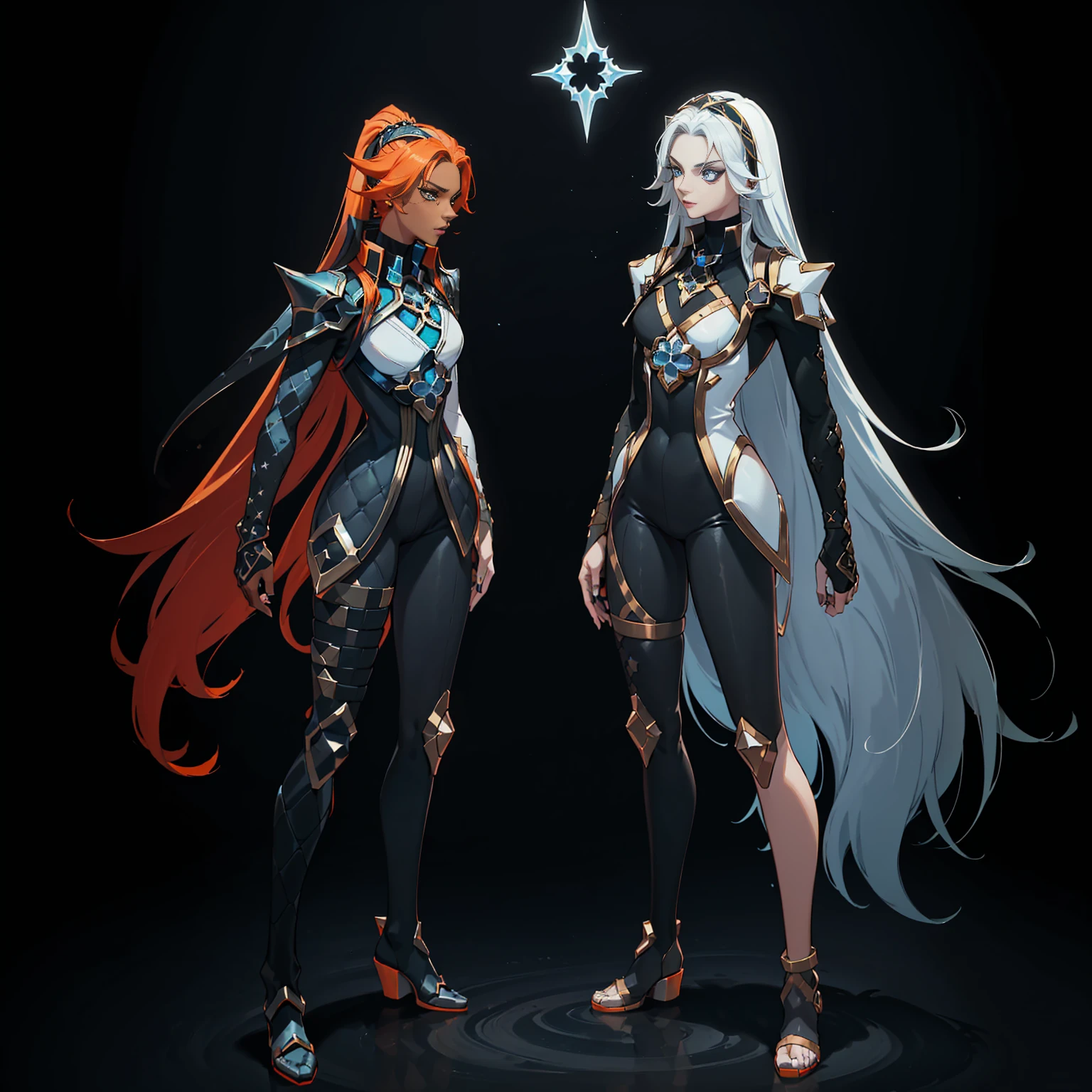 ((full body photo, standing, feet on the ground)) (((conceptual artwork))), (((one caracter))), female, (((darkskin)))), Black hair with ponytail, clear blue eyes, Round glasses with slightly dark lenses, this lens being orange, and the Light Blue frame, ((Black metallic gauntlets and greaves with orange and silver highlights)), (((The clothes have a mix of modern and tribal))), (((The clothes have a mix of modern and tribal))), mainly black in color, but having Orange Parts, Shoulders exposed, On the Hip, a Short that extends to Half the Thigh in black.(((one caracter))), female, (((darkskin)))), Black hair with ponytail, clear blue eyes, Óculos redondos com uma pequena lente escura this lens being orange, and the Light Blue frame, (((Black metallic gauntlets and greaves with orange and silver highlights)), (((The clothes have a mix of modern and tribal)))), Having mainly black color, but having orange pieces, Shoulders on display, On the Hip one Shorts extending to Half Thigh in black.