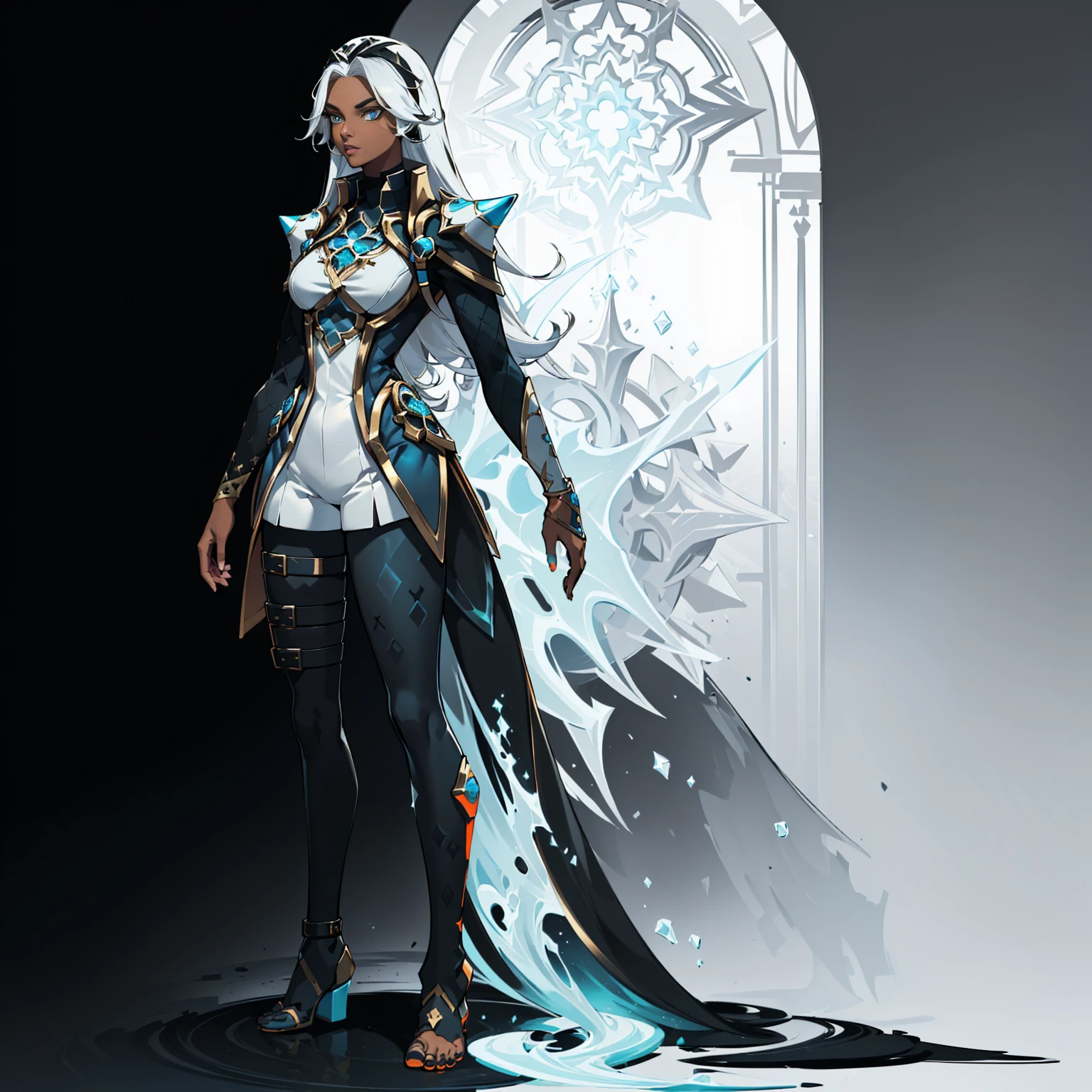 ((full body photo, standing, feet on the ground)) (((conceptual artwork))), (((one caracter))), female, (((darkskin)))), Black hair with ponytail, clear blue eyes, Round glasses with slightly dark lenses, this lens being orange, and the Light Blue frame, ((Black metallic gauntlets and greaves with orange and silver highlights)), (((The clothes have a mix of modern and tribal))), (((The clothes have a mix of modern and tribal))),  mainly black in color, but having Orange Parts, Shoulders exposed, On the Hip, a Short that extends to Half the Thigh in black.(((one caracter))), female, (((darkskin)))), Black hair with ponytail, clear blue eyes, Óculos redondos com uma pequena lente escura this lens being orange, and the Light Blue frame, (((Black metallic gauntlets and greaves with orange and silver highlights)), (((The clothes have a mix of modern and tribal)))), Having mainly black color, but having orange pieces, Shoulders on display, On the Hip one Shorts extending to Half Thigh in black.
