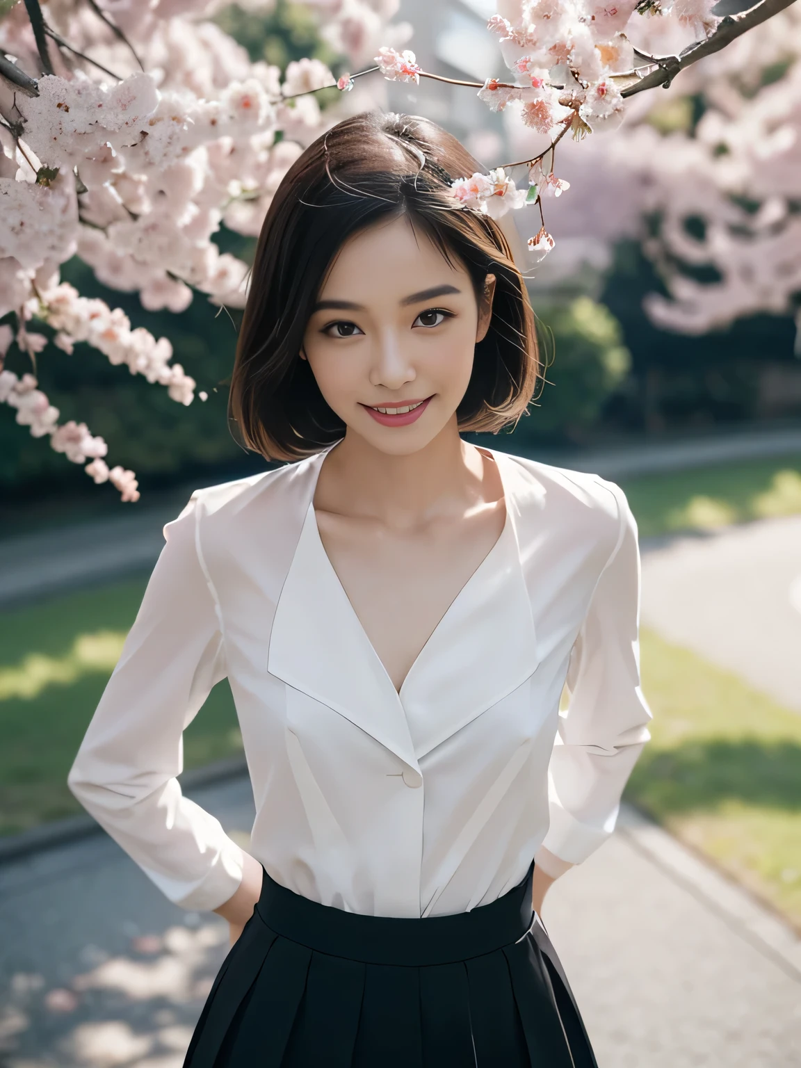 Droopwg collar, A slightly visible bra under the shirt,Lookwg down,Leanwg forward,(((A small valley is visible))),skirt,One girl, Lookwg_w_Audience, smile, Japan, Tokyo, Cherry Blossom, Octane Renderwg, 一人w, Very skwny,V-neck buswess suit,A neat image,Mature Woman