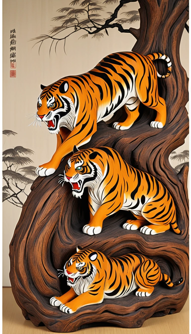 Dead wood carving design style,Two Tigers Fighting, Qi Baishi and Chen Longque、Chen Dingbo's dynamic illustration pumpkin carving, Octane Rendering,(best quality, masterpiece, representative work, Official Art, professional, 8K:1.3)