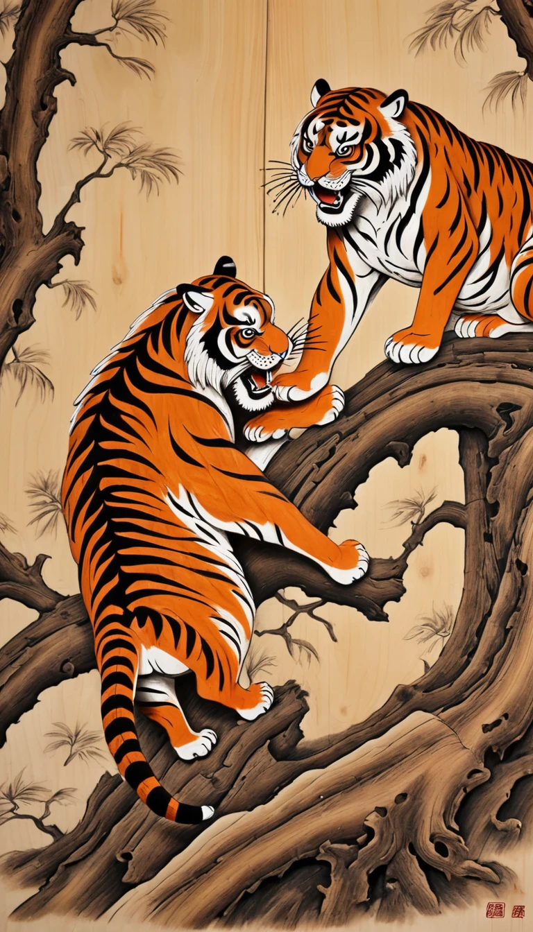 Dead wood carving design style,Two Tigers Fighting, Qi Baishi and Chen Longque、Chen Dingbo's dynamic illustration pumpkin carving, Octane Rendering,(best quality, masterpiece, representative work, Official Art, professional, 8K:1.3)