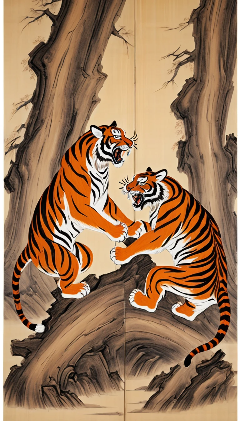 Dead wood carving design style,Two Tigers Fighting, Qi Baishi and Chen Longque、Chen Dingbo's dynamic illustration pumpkin carving, Octane Rendering,(best quality, masterpiece, representative work, Official Art, professional, 8K:1.3)