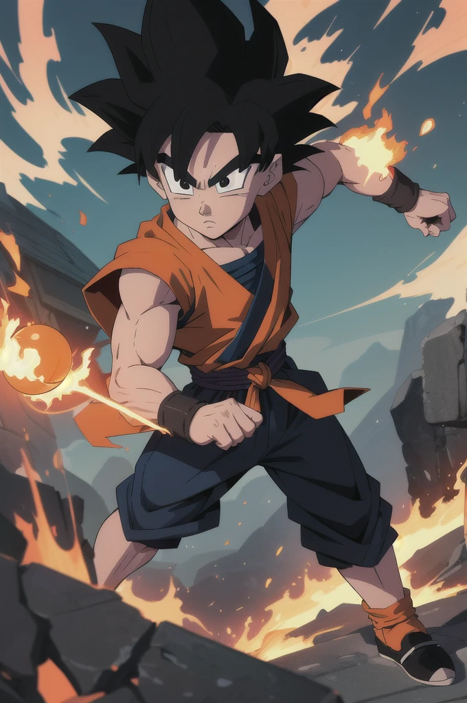 Manga style, illustration, line art style, high quality, manga masterpiece, highres, very detailed, digital illustration, small ??? Goku and Piccolo, Dragonball, black hair, spiked hair, real goku clothes orange color, black belt and black shoes, fire ball, dougi, outdoors,fighting,