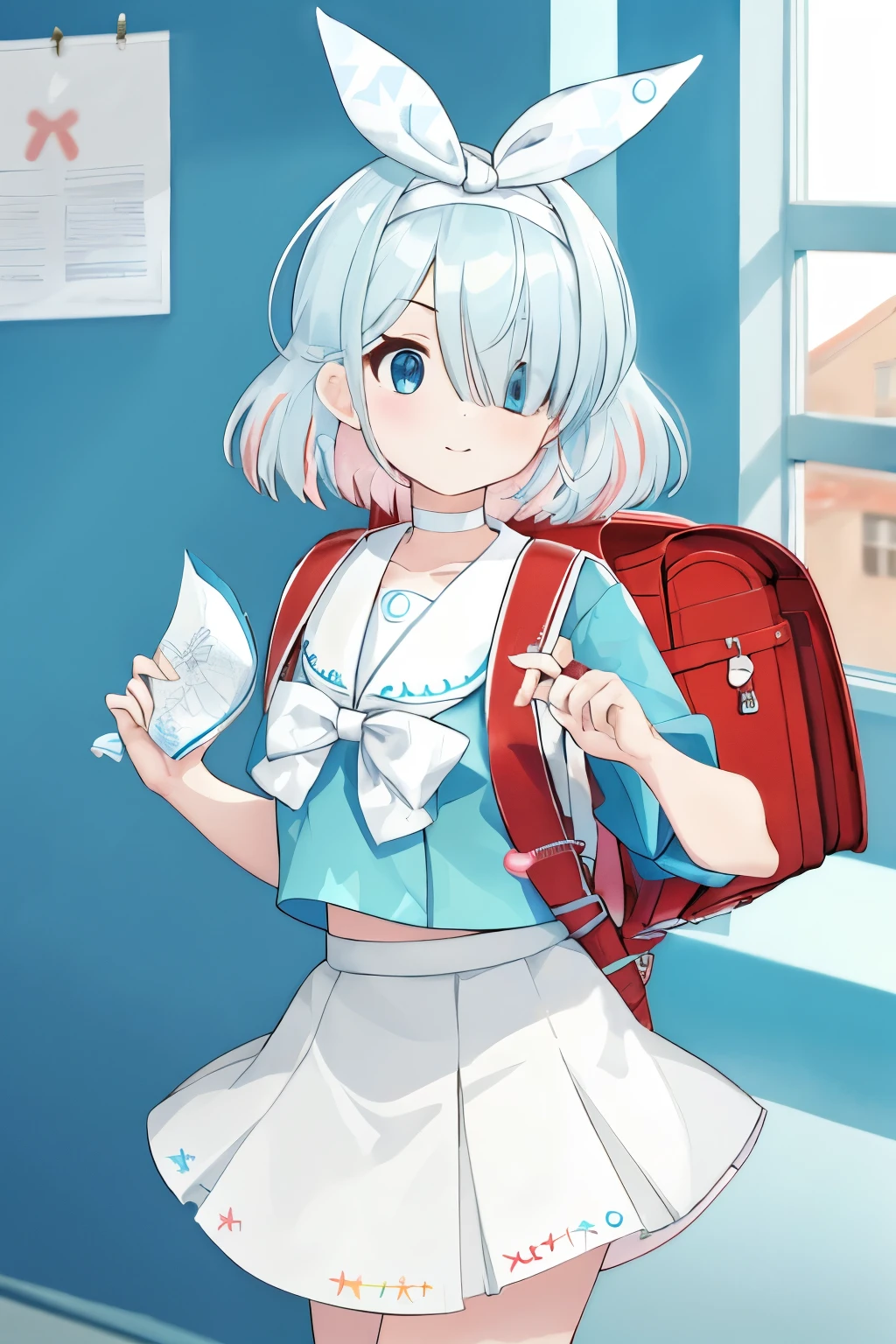 Masterpiece, hd, 2d, 1girl, skirt, white skirt, hairband, solo, white bow, choker, shirt, window, white ribbon, pleated skirt, sailor collar, serafuku, , light blue hair, wearing red backpack, (backpack:1.2)