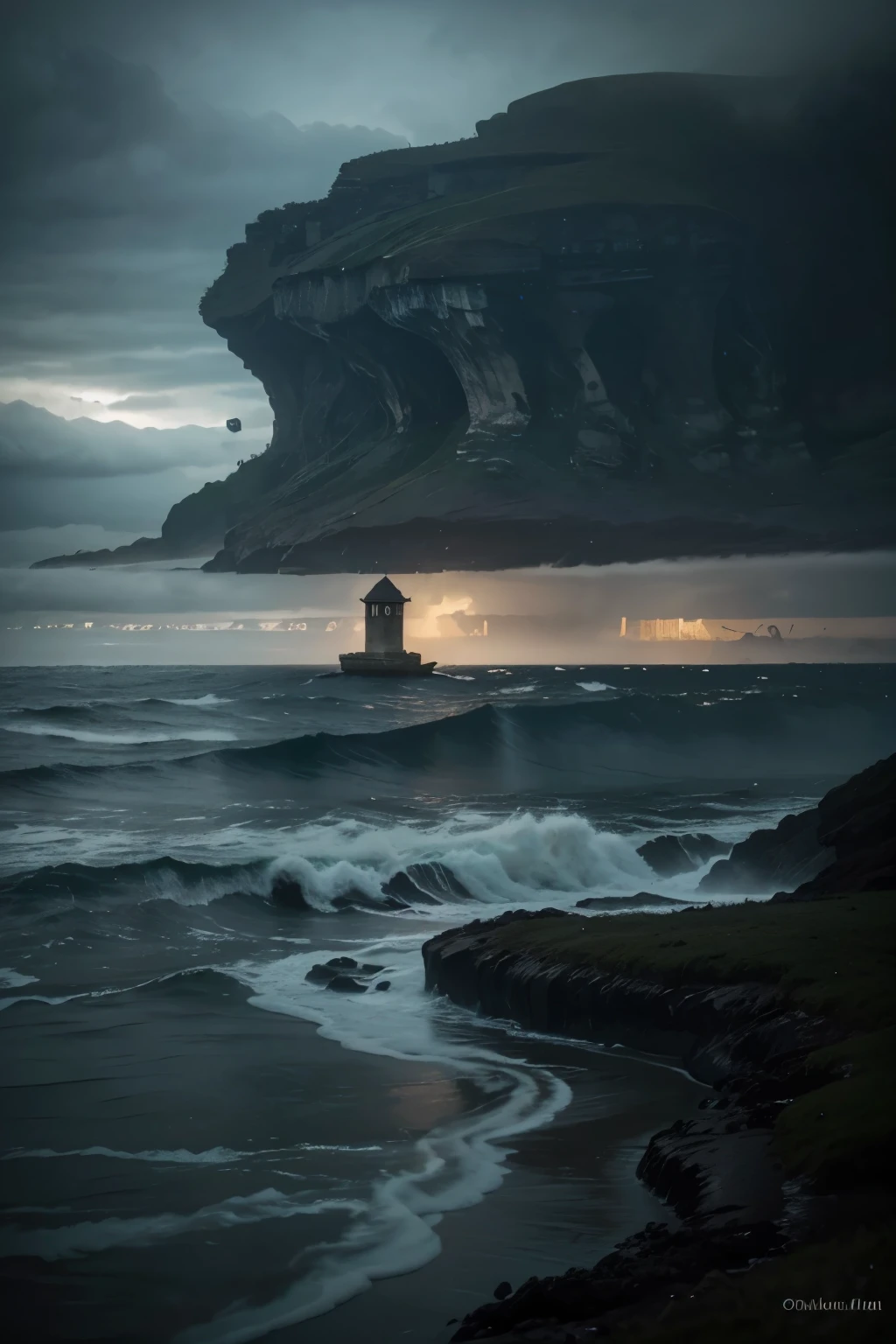 Create an illustration based on the following poem that captures its somber and melancholic atmosphere. The scene takes place on a mystical and nebulous island., evocative of Chiloé, In the south of Chile. The gloom surrounds everything, with soft mists that whisper among tall dark cypresses, whose branches sway slightly in the constant rain.

Spotlight, shows a stone path winding through a desolate landscape, where the ethereal and ghostly figure of death walks in silence. This figure should be subtle and poorly defined, just a shadow that mixes with the gloom of the environment.

At the bottom, the turbulent ocean spreads, whose waves seem to have a life of their own. Deep gray waters must reflect tragic stories of lost fishermen, emanating desolation and abyss. In the distance, includes the crosses of a cemetery bowing in the twilight, marking anonymous and forgotten graves. The crosses must be corroded by time, some half fallen, adding a sense of abandonment and oblivion.

The sky must be a tapestry of gray, with heavy clouds that seem ready to pour more rain. Creates a general atmosphere of mourning and anguish, with an almost tangible veil of sadness enveloping the entire coast. Includes church bells ringing in the distance, with its sound mixing with that of the waves, calling the living to face the tragedy around them.

The scene ends with a feeling of emotional breakdown, where the sobs and prayers of the living seem to intertwine with the mist and the sound of the sea. The image must convey deep sadness and a constant presence of death, an omnipresent shadow on the island of Chiloé.
