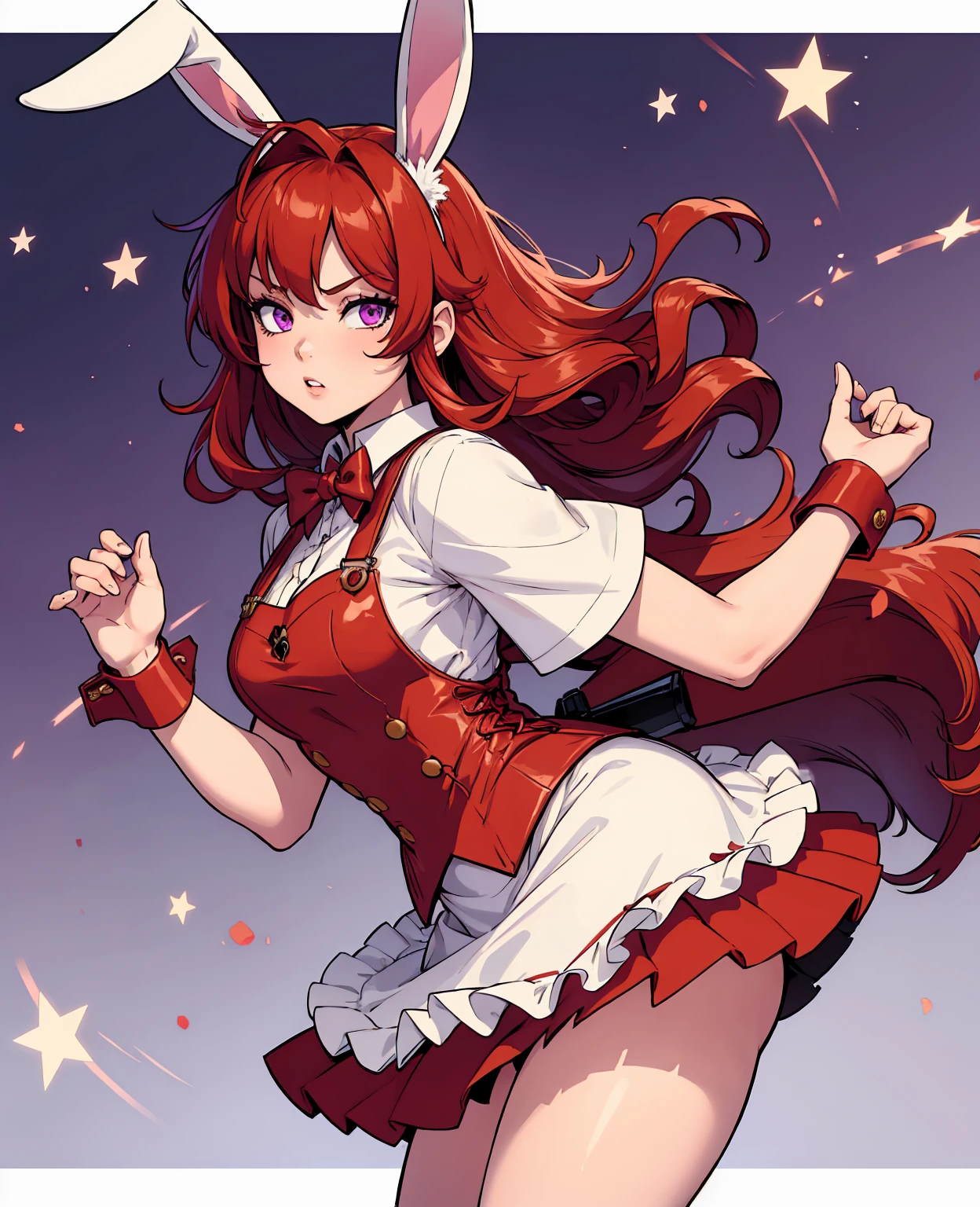 Outrageous, Best Quality, 1girl, solo, red hair, purple eyes, long hair, big, ahBunny, bunny ears, red corset, gakuran, aprons, red neck ribbons, red skirt, hair bow, short sleeves, wrist cuffs, white thighs, jingle bells