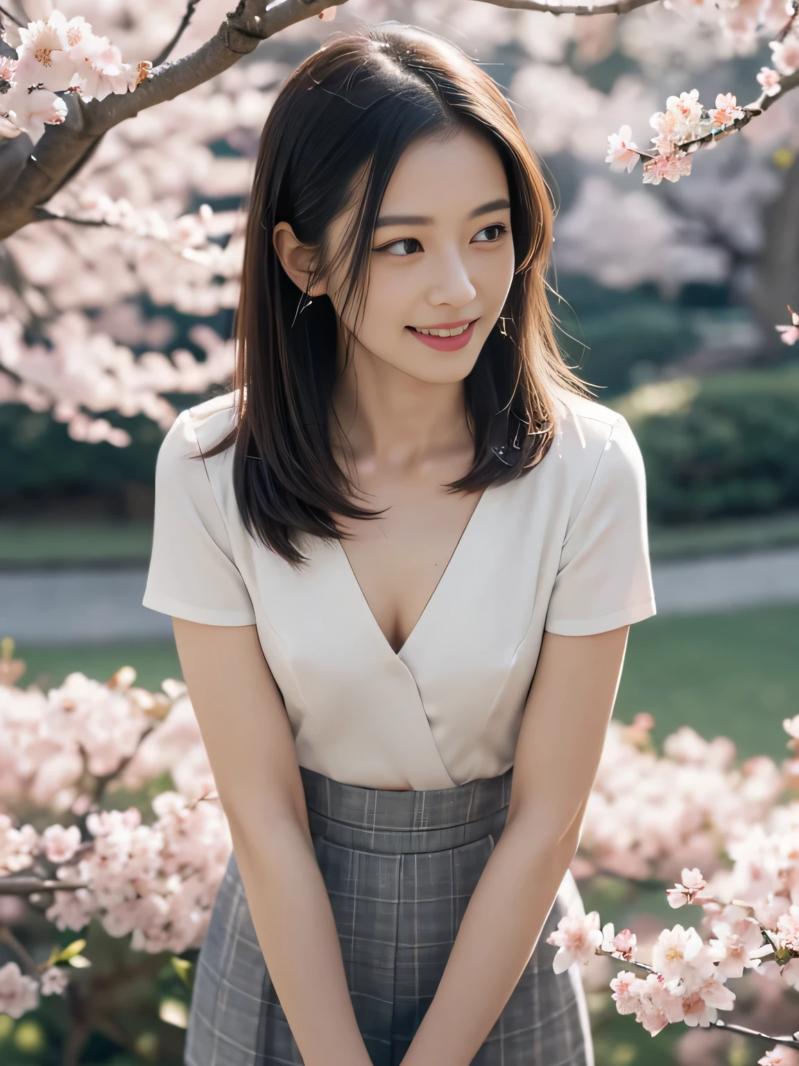 Droopwg collar, A slightly visible bra under the shirt,Lookwg down,Leanwg forward,(((A small valley is visible))),skirt,One girl, Lookwg_w_Audience, smile, Japan, Tokyo, Cherry Blossom, Octane Renderwg, 一人w, Very skwny,V-neck　buswess suit,A neat image,Mature Woman