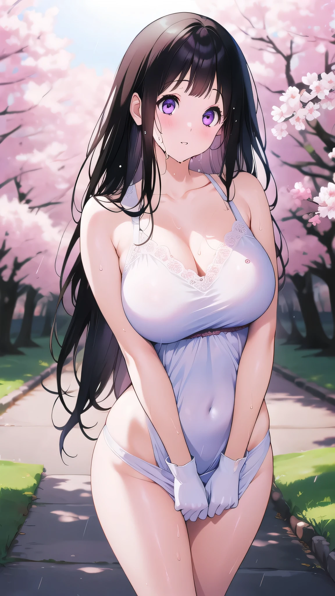 Amazing Chitanda, There is only one beautiful girl,Purple Eyes, Black Hair, Very red face,Very white skin,Glowing skin,Skin as delicate as porcelain,Naturally straight hair, Straight bangs,Extremely refined,Open lips,Long flowing hair,Beautiful Girl, Like a dream,Slim,Slim waist,soft, (sensuous), (Kawaii), Dream quality,Beautiful big breasts,Transparent loose school uniform,areola,Completely naked,Lower edge of breast,White gloves,Flower decoration,Deep V neckline,Loose neckline,Lace-up,Wide neckline,Walking in school,Place your hands on your inner thighs,Thighs clamp hands,Wet skin,Sweaty and sweaty,Sweating all over,Underwear Rain,Next to the cherry blossom trees,Back to,Lean over,Hips,Side body,Gluteal groove,Completely naked buttocks,Bare back,Completely naked back,Light transmission,(no pants),nopan,pussy juice,Bare shoulders,Bare neck,Exposed collarbone,Exposing breasts,Exposing breasts side,Exposing breasts,Show your waist,Show your buttocks,Show your thighs,Exposing the groin,(No pants),extremely shy,Ultra-high resolution, (masterpiece:1.2, best quality), (Delicate and beautiful eyes: 1.2), (Beautiful and delicate face)
