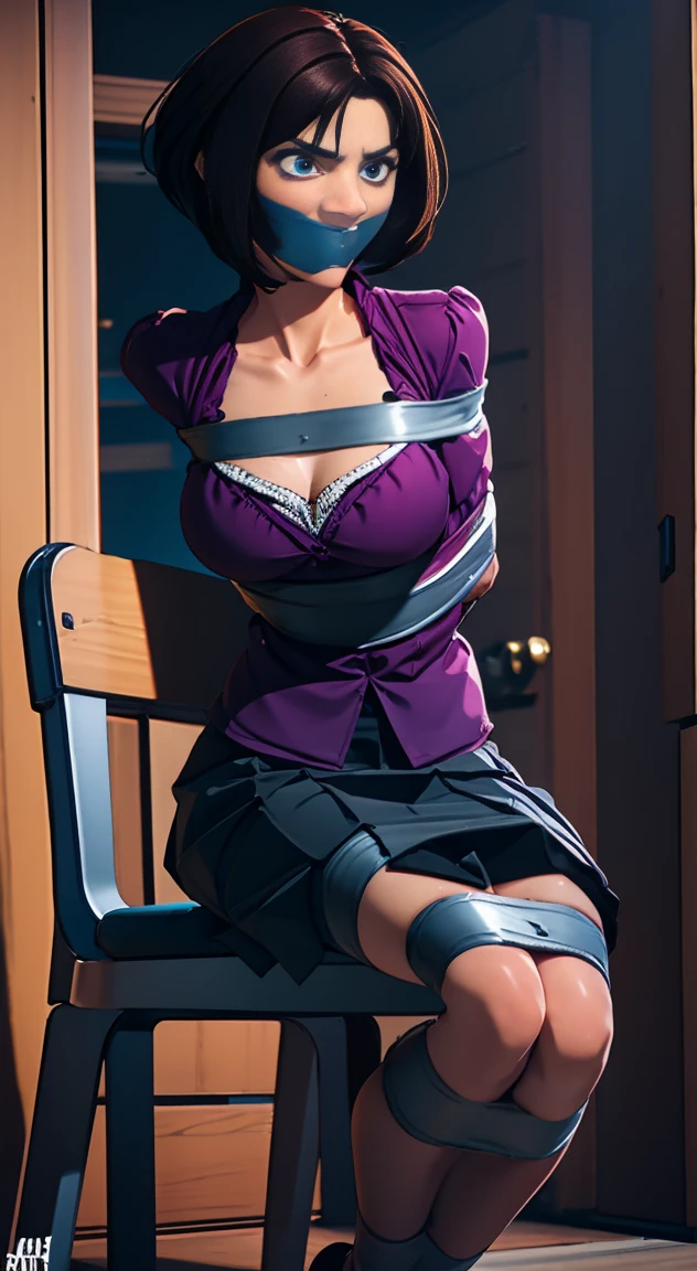 Highest quality, masterpiece, high resolution, 8k, cinematic lighting, sharp resolution, looking at viewer, various angles,  medium shot, 1 woman with chin length hair, short hair, dark bob cut, thick hair, center part, sleek bob, stacked bob, voluminous hair, luxurious hair, in her 30s, purple blouse, knee length, skirt, dark stockings, and calf boots, baggy blouse, wrinkled clothing, detailed face, looking at viewer, focus on face, photo realistic, character, video game cut scene, smooth, anime, detailed face, perfect skin, beautiful, Insanely detailed, close up, duct tape gag, ((tape gag: 1.4)), gag, ((gagged)), (((arms bound behind back))), elbows taped, wrists taped, desperate struggle, thrashing, arched back, tied to chair chair tied, abducted, frightened, pleading eyes, desperate escape attempt, stalker, , true crime, peril, impending