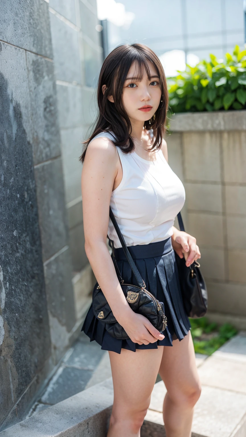 ((Viewing angle from below:1.52、Highest quality、masterpiece、32k、Every detail))、(((A strong wind blows up her hair and skirt:1.62)))、Descend the outdoor stairs、commute、whole body、Traditional navy blue sailor uniform、Outgrown white blouse、(((Mini Pleated Skirt, No underwear:1.22)))、(( I always carry my bag strap across my body.:1.42))、One Girl, alone、((((Big Breasts、barefoot, High heels))))