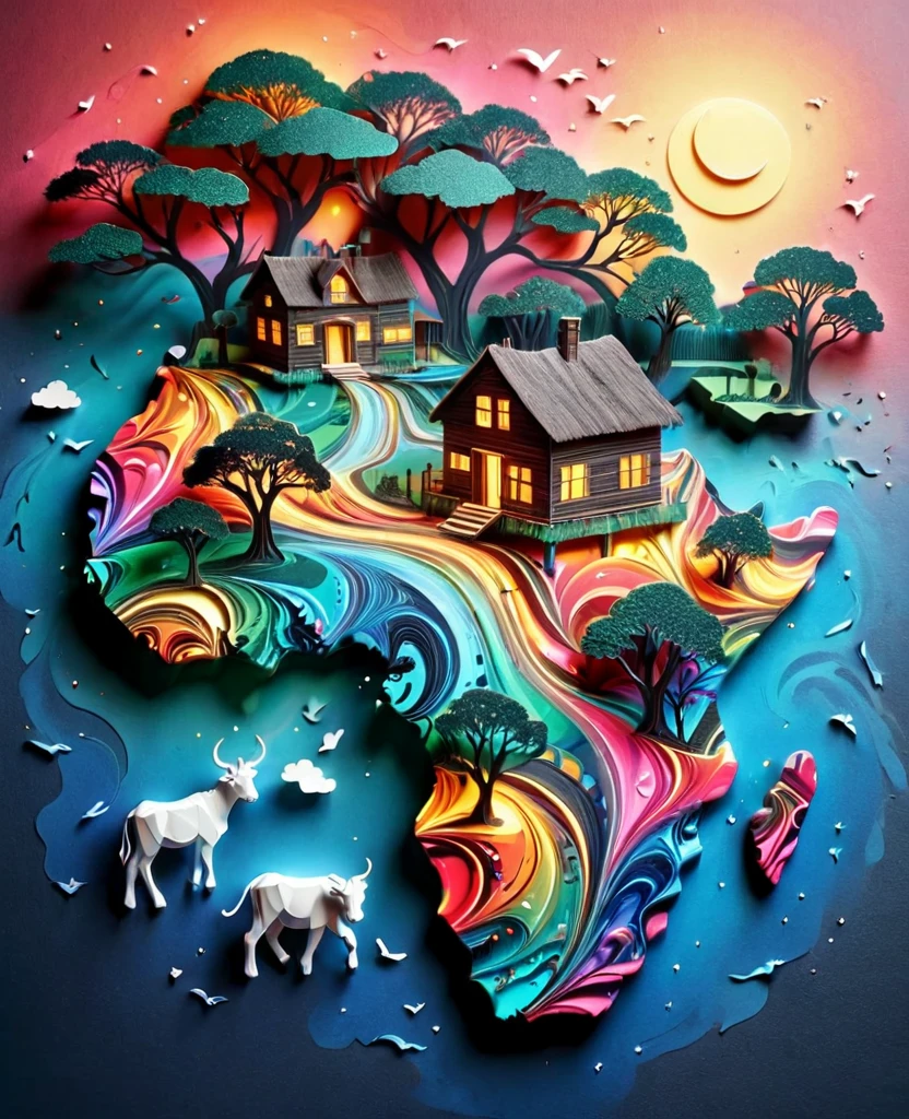 Paper cut art (((masterpiece))),best quality, illustration, African map, within African map we see a night sky, cloud, banana plantation, rivers, mountains, lions, giraffes, cows, no humans, night, birds, moon, building, night sky, scenery, starry sky, grass, house, trees, waterfall, birds in the sky, African map, vibrant color scheme, Soft light,(warm color:1.2),Water color painting, light background, best quality exquisite details,3d rendering,Octane render, pastel, paper_cut of African map.