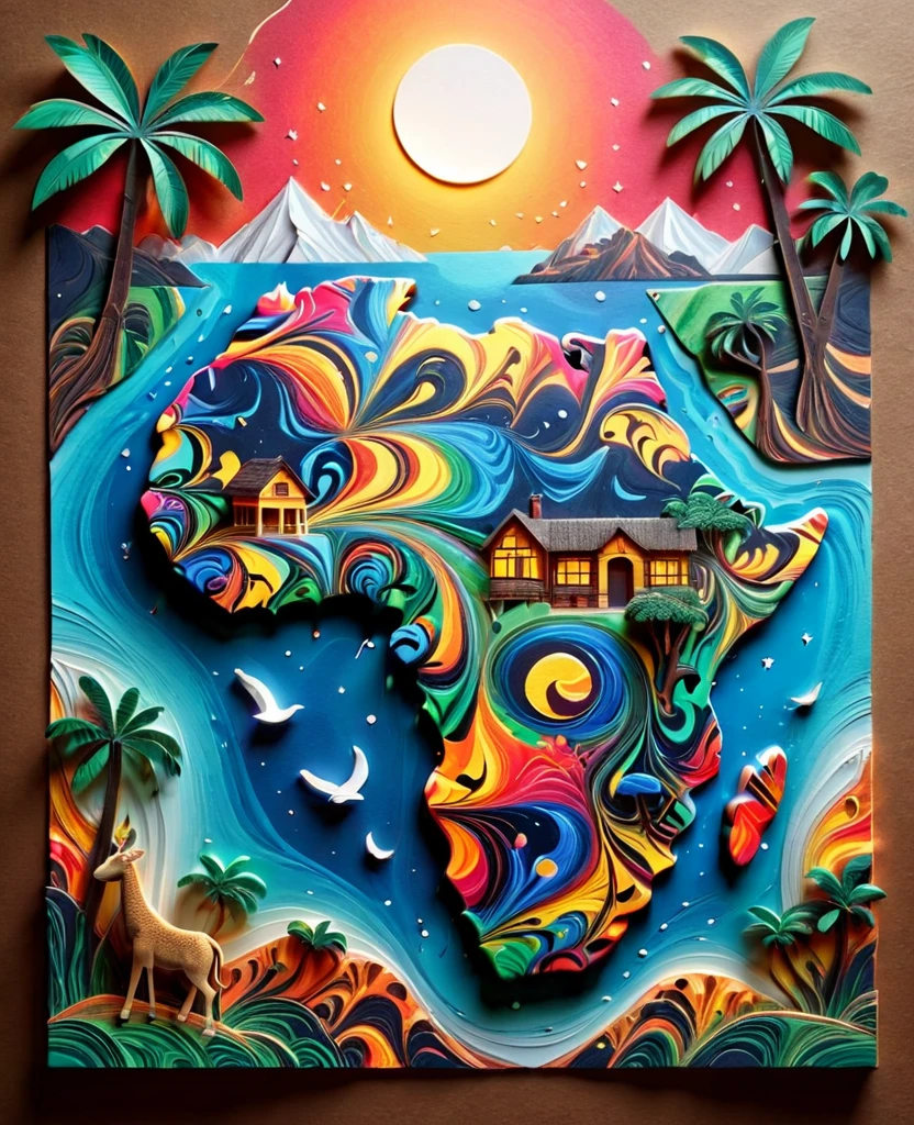 Paper cut art (((masterpiece))),best quality, illustration, African map, within African map we see a night sky, cloud, banana plantation, rivers, mountains, lions, giraffes, cows, no humans, night, birds, moon, building, night sky, scenery, starry sky, grass, house, trees, waterfall, birds in the sky, African map, vibrant color scheme, Soft light,(warm color:1.2),Water color painting, light background, best quality exquisite details,3d rendering,Octane render, pastel, paper_cut of African map.