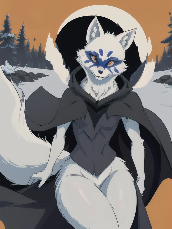 Alopex, arctic fox, furry, blue mark, tmnt, smile  orange eyes, girl1, solo, park, cit, black cape, cloak, robe, black shirt, black short, best quality, masterpiece, 