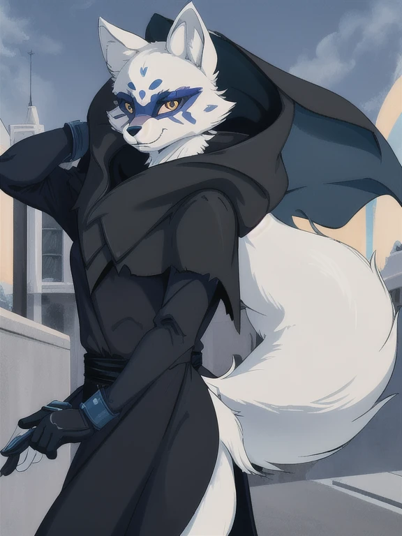 Alopex, arctic fox, furry, blue mark, tmnt, smile orange eyes, girl1, solo, park, cit, black cape, cloak, robe, black shirt, black short, best quality, masterpiece,