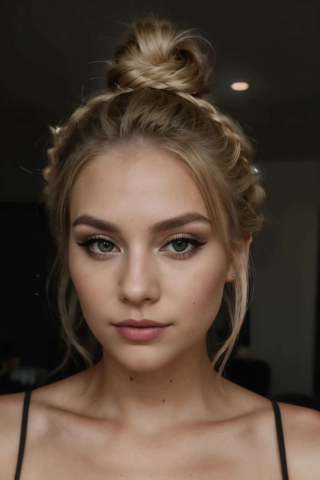 blonde woman making eye contact with hair, gathered in a bun, and dark theme, Full face, beautiful make-up
