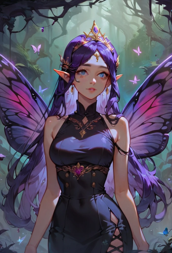 ASCII(score_9, score_8_up:1.1), score_7_up, 1girl, portrait,, purple hair, long hair,  butterfly wings, fairy, glossy black skirt, glossy black top, void forest, purple water, magical, golden tiara void  