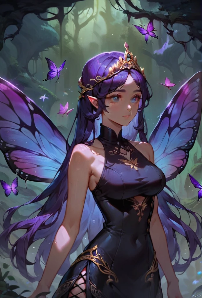 ASCII(score_9, score_8_up:1.1), score_7_up, 1girl, portrait,, purple hair, long hair, butterfly wings, fairy, glossy black skirt, glossy black top, void forest, purple water, magical, golden tiara void