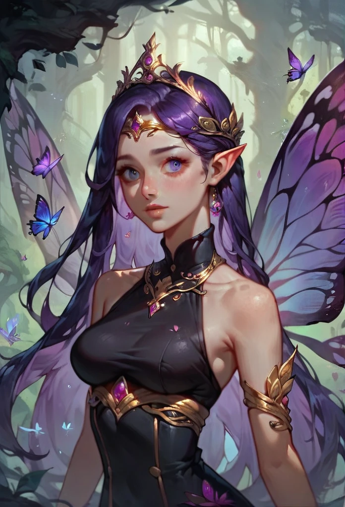 ASCII(score_9, score_8_up:1.1), score_7_up, 1girl, portrait,, purple hair, long hair, butterfly wings, fairy, glossy black skirt, glossy black top, void forest, purple water, magical, golden tiara void