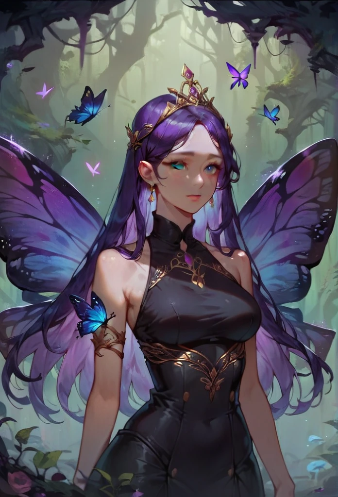 ASCII(score_9, score_8_up:1.1), score_7_up, 1girl, portrait,, purple hair, long hair, butterfly wings, fairy, glossy black skirt, glossy black top, void forest, purple water, magical, golden tiara void