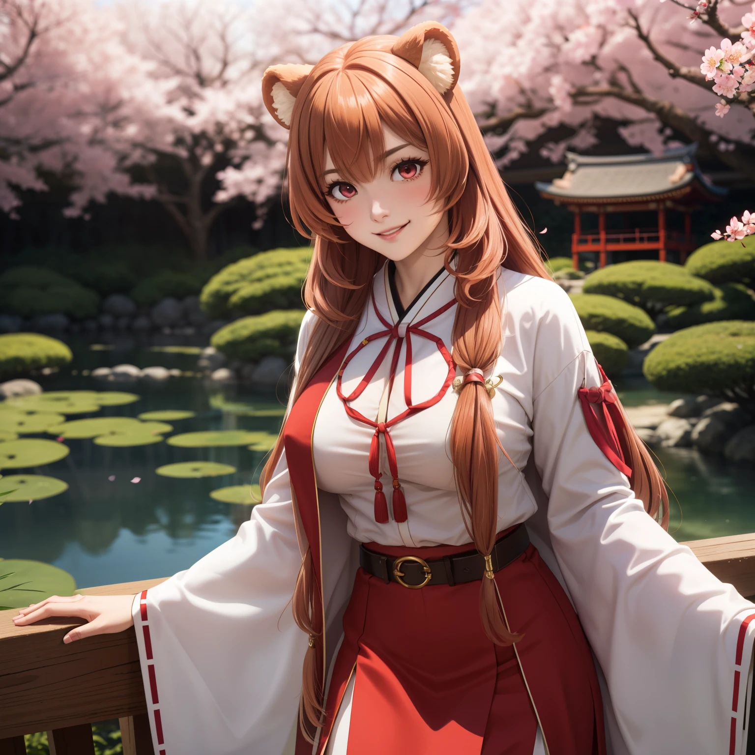 Raphtalia woman 35 years old straight orange hair , bear ears redondeadas, red eyes like ruby., flirtatious smile, pale skin, big breasts, japanese priestess clothing, White and red, pink belt, , bear ears, , background of a japanese garden, cherry trees. perfect hands.